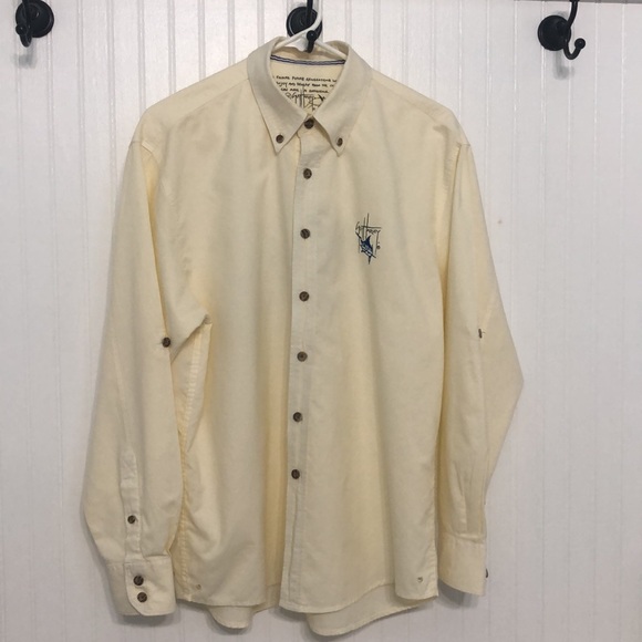 Guy Harvey Pale Yellow Mens Button Down SHIRT Cotton Blnd TabLong Slv EUC - Picture 3 of 6